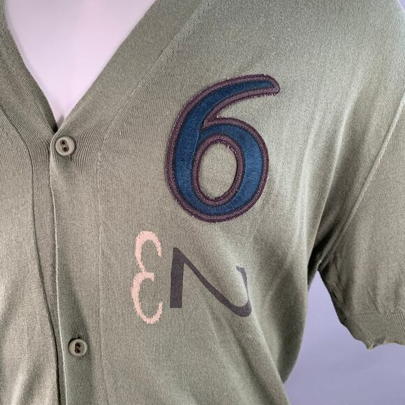 BOTTEGA VENETA M Green Blue Numbers Applique Cotton V-Neck Short Sleeve Shirt - Picture 2 of 6